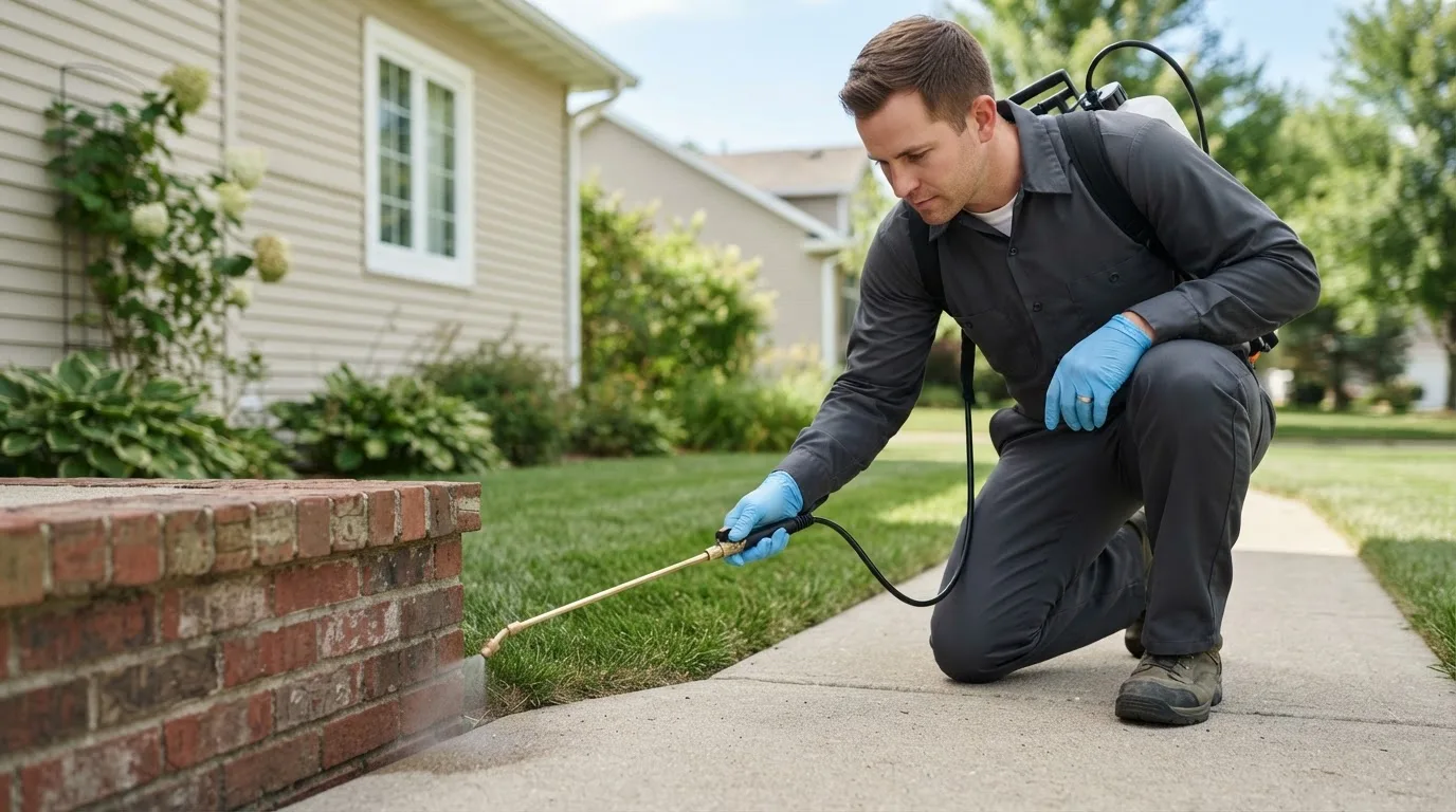 Pest control technician treating a home near Aurora, WV